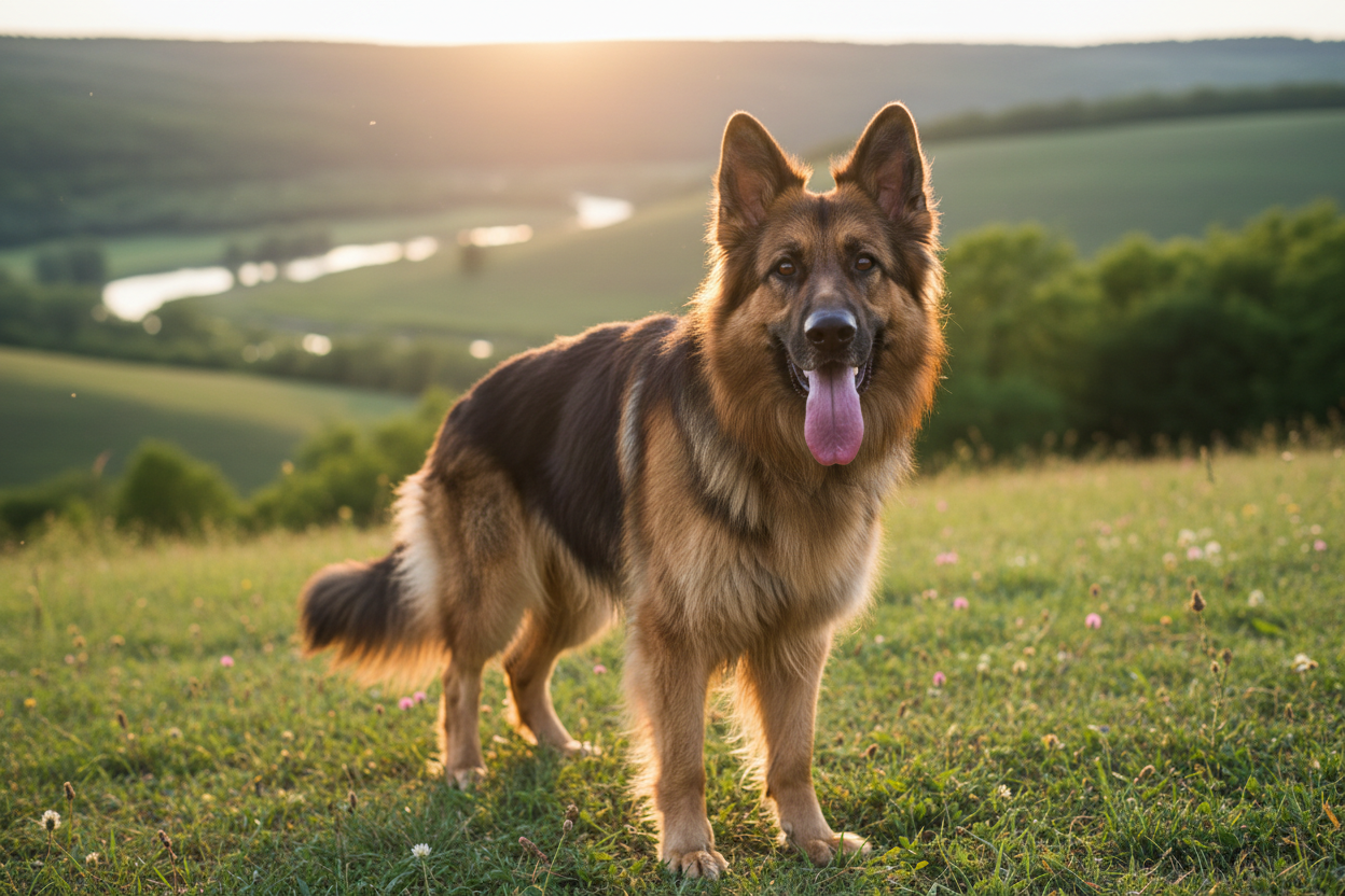 wygeneruj obraz szczęśliwego owczarka niemieckiego długowłosego